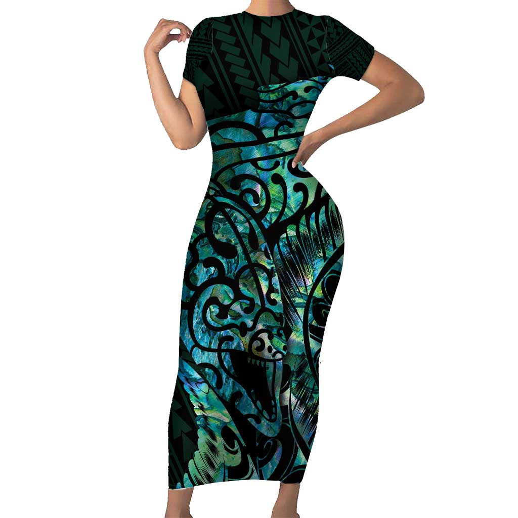 New Zealand Eel Short Sleeve Bodycon Dress Tuna Aotearoa Maori With Paua Shell - Turquoise LT14 Long Dress Turquoise - Polynesian Pride