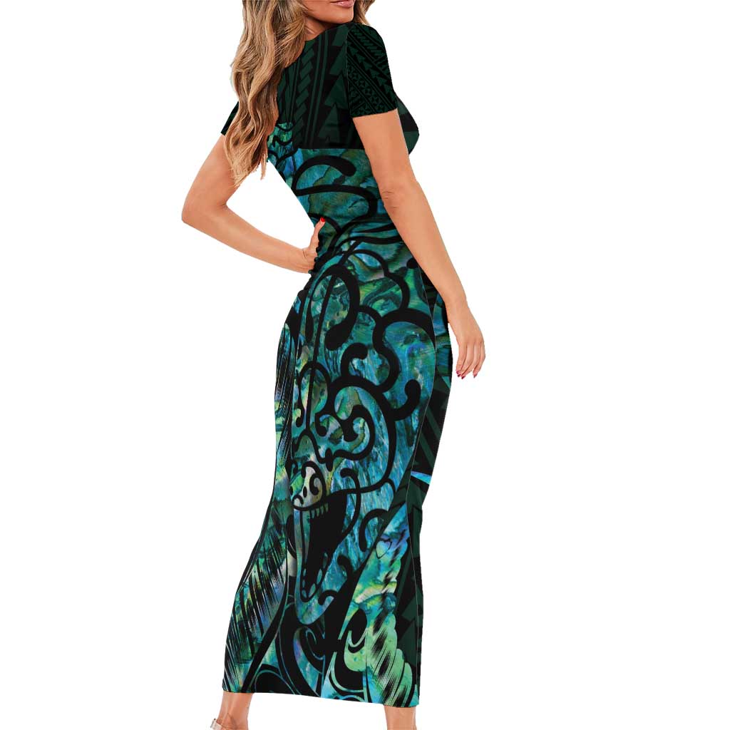 New Zealand Eel Short Sleeve Bodycon Dress Tuna Aotearoa Maori With Paua Shell - Turquoise LT14 - Polynesian Pride