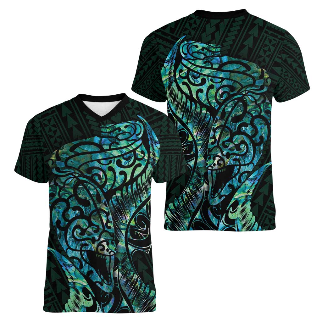 New Zealand Eel Women V-Neck T-Shirt Tuna Aotearoa Maori With Paua Shell - Turquoise LT14 - Polynesian Pride