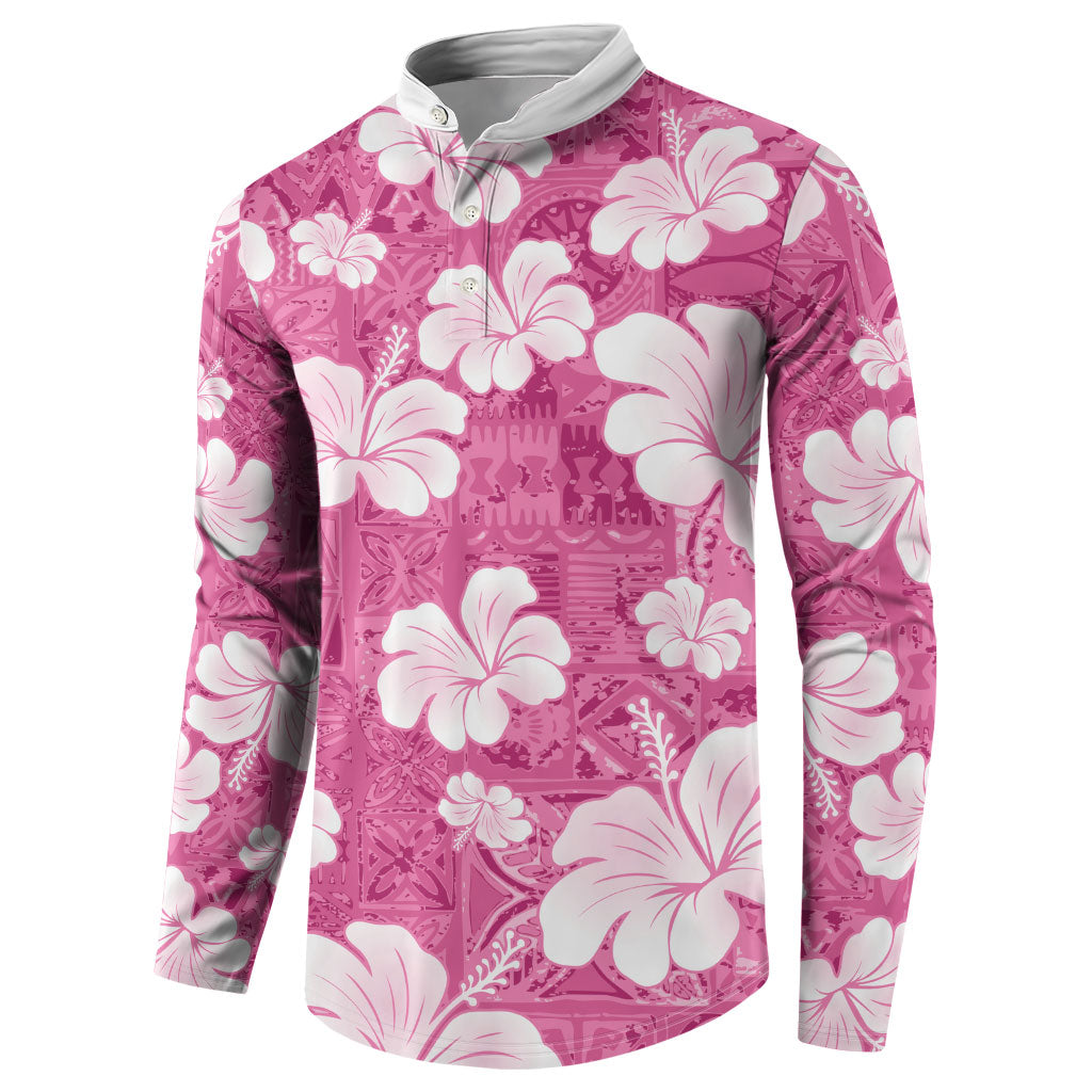 Pink Bula Fiji Masi Hibiscus Seamless Button Sweatshirt