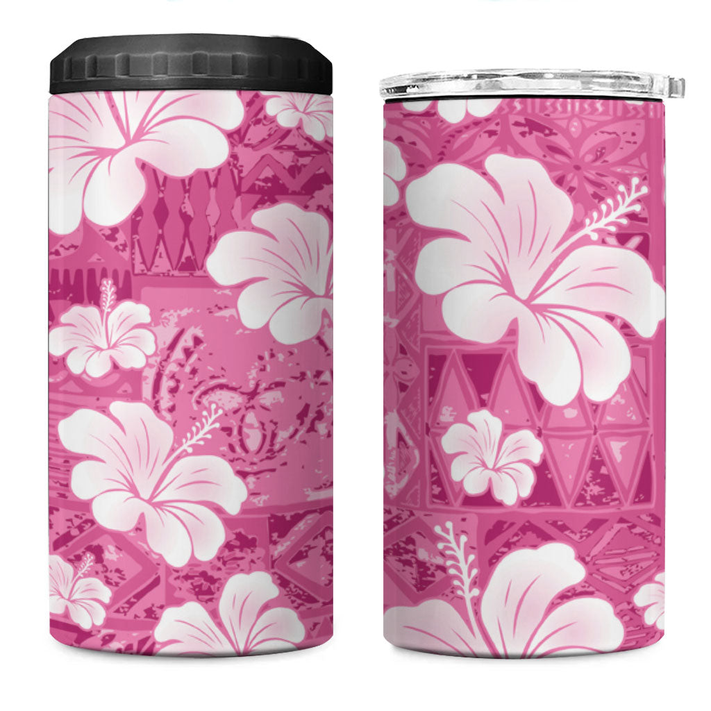 Pink Bula Fiji Masi Hibiscus Seamless 4 in 1 Can Cooler Tumbler
