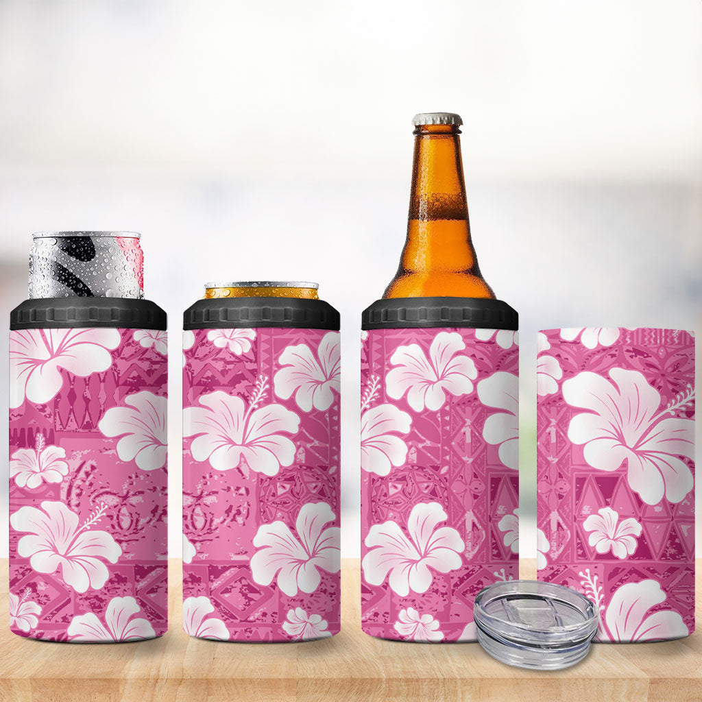 Pink Bula Fiji Masi Hibiscus Seamless 4 in 1 Can Cooler Tumbler
