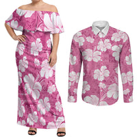 Pink Bula Fiji Masi Hibiscus Seamless Couples Matching Off Shoulder Maxi Dress and Long Sleeve Button Shirt