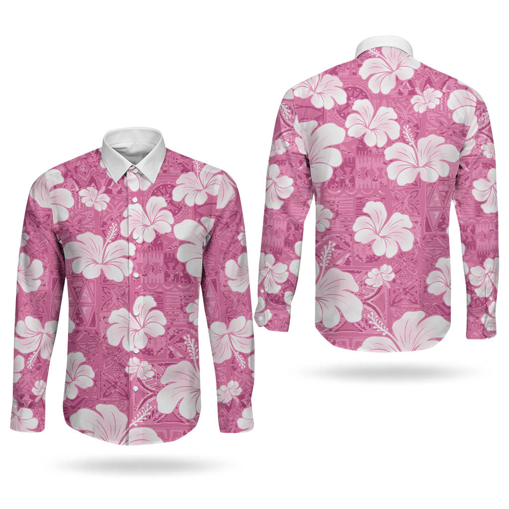 Pink Bula Fiji Masi Hibiscus Seamless Couples Matching Off Shoulder Maxi Dress and Long Sleeve Button Shirt