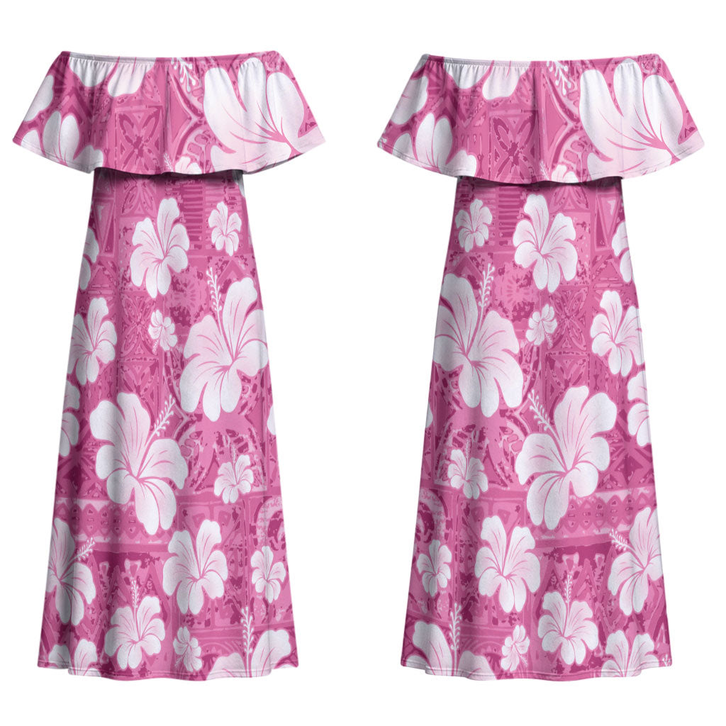 Pink Bula Fiji Masi Hibiscus Seamless Couples Matching Off Shoulder Maxi Dress and Long Sleeve Button Shirt