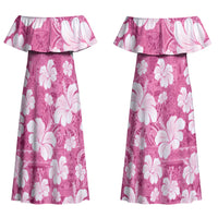 Pink Bula Fiji Masi Hibiscus Seamless Couples Matching Off Shoulder Maxi Dress and Long Sleeve Button Shirt