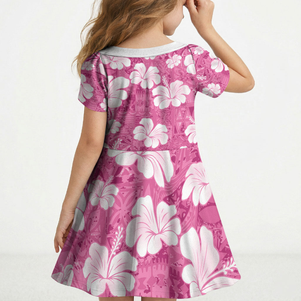 Pink Bula Fiji Masi Hibiscus Seamless Kid Short Sleeve Dress