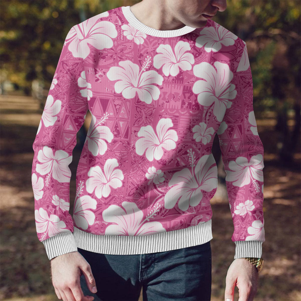 Pink Bula Fiji Masi Hibiscus Seamless Ugly Christmas Sweater