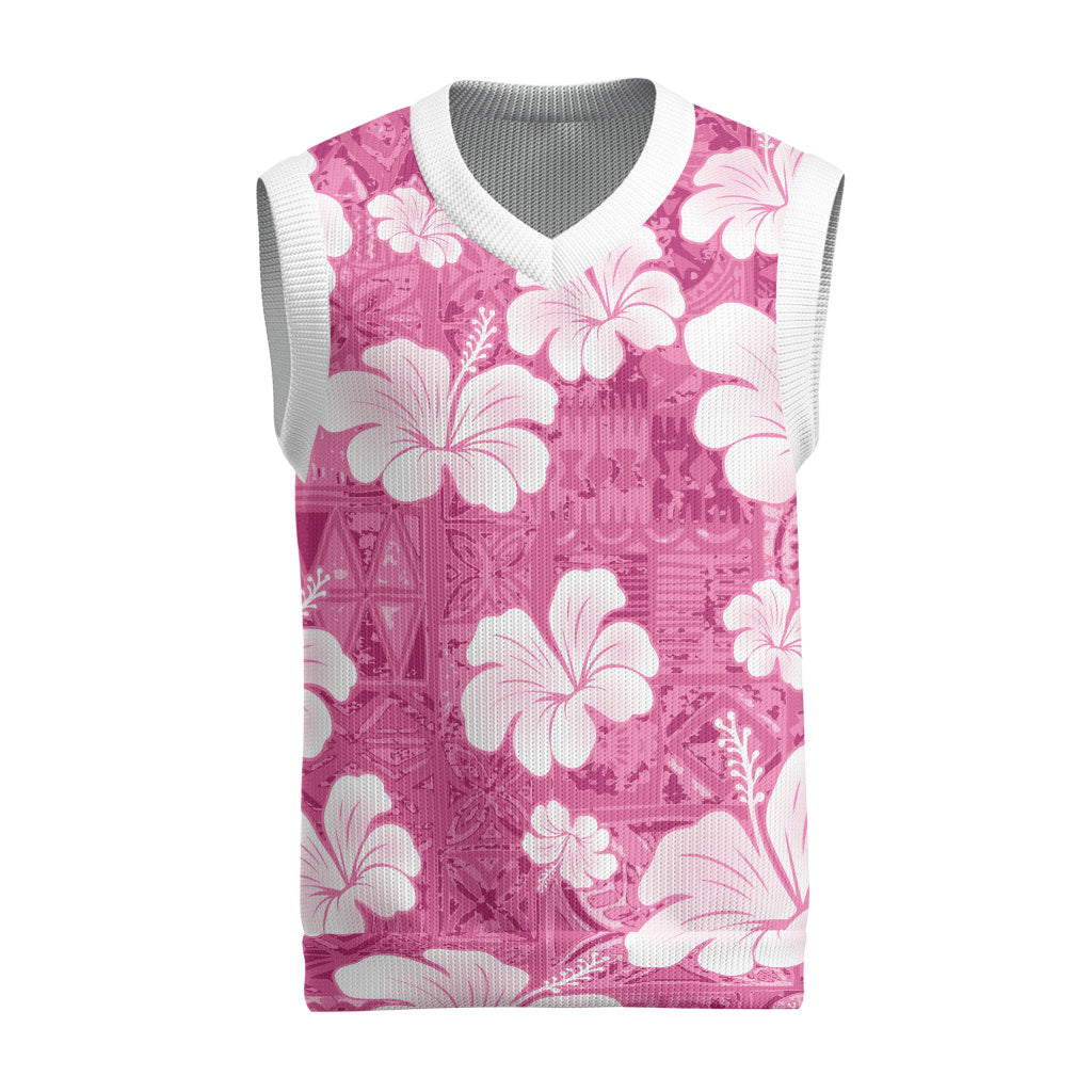 Pink Bula Fiji Masi Hibiscus Seamless Christmas Knitted V-Neck Vest
