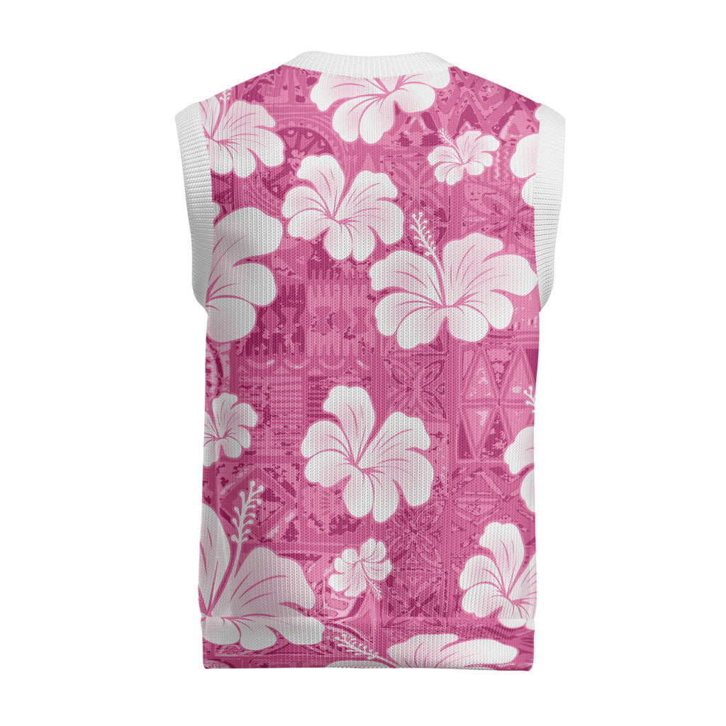 Pink Bula Fiji Masi Hibiscus Seamless Christmas Knitted V-Neck Vest