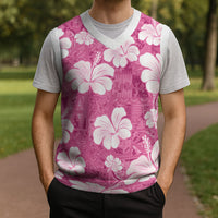 Pink Bula Fiji Masi Hibiscus Seamless Christmas Knitted V-Neck Vest