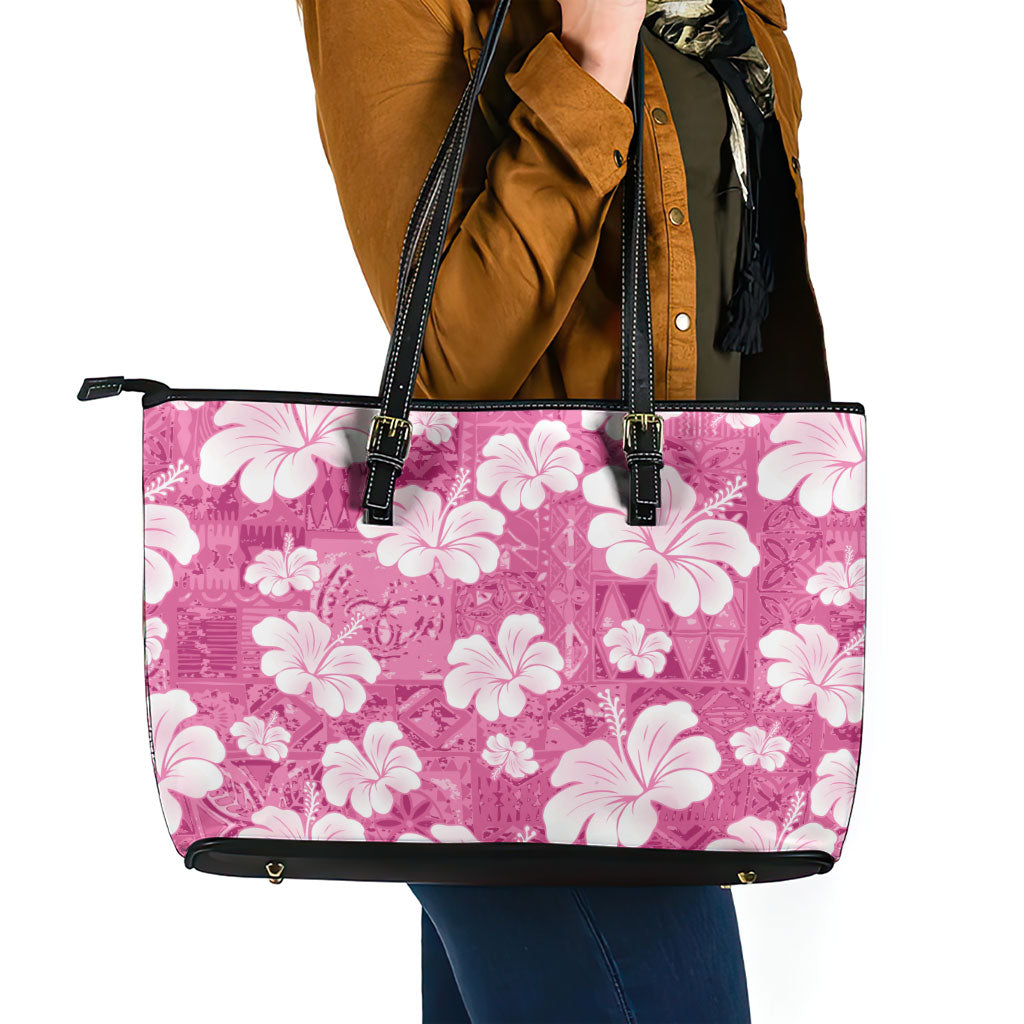 Pink Bula Fiji Masi Hibiscus Seamless Leather Tote Bag