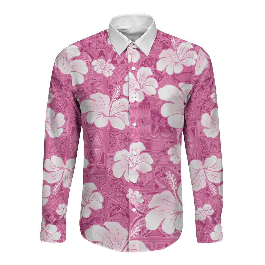Pink Bula Fiji Masi Hibiscus Seamless Long Sleeve Button Shirt