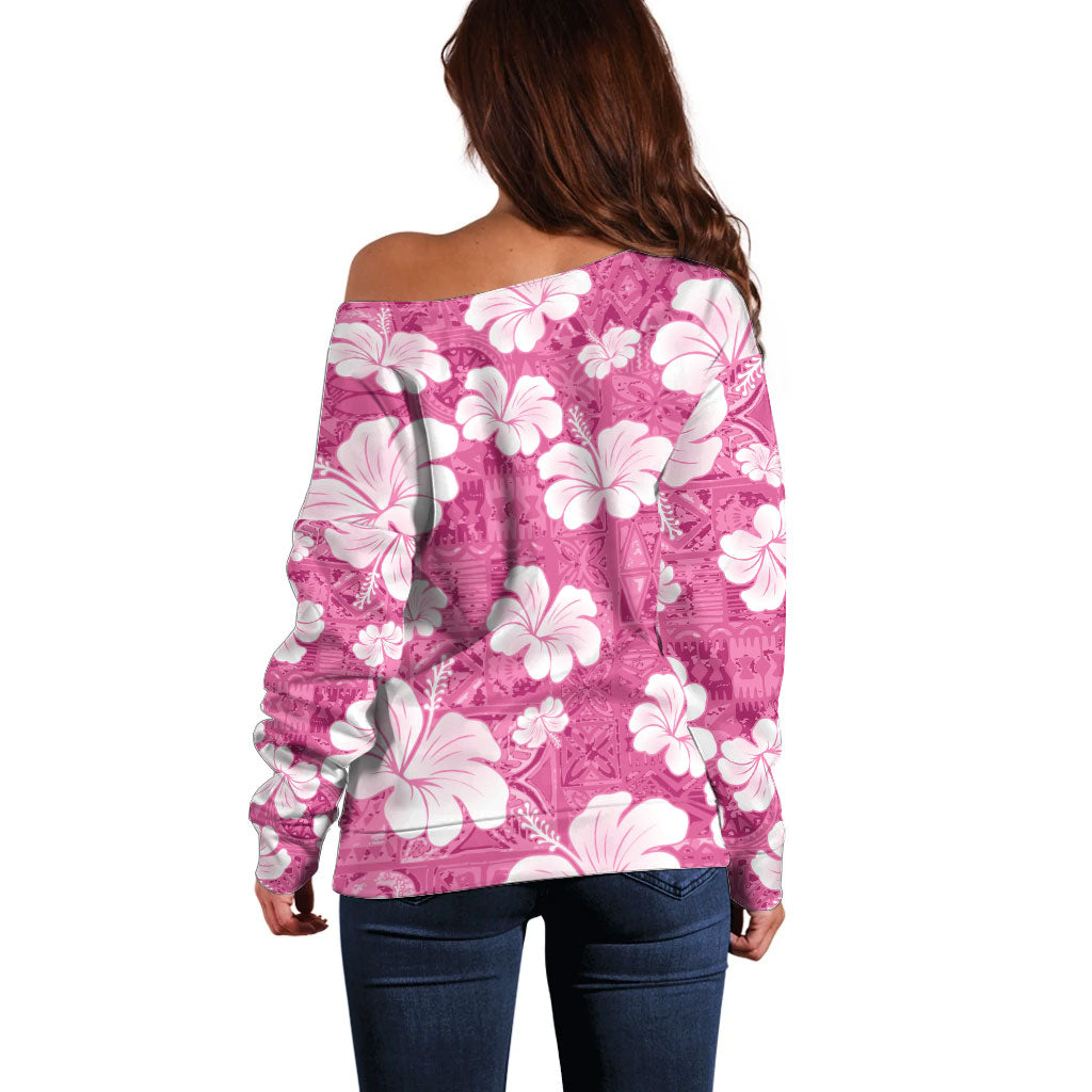 Pink Bula Fiji Masi Hibiscus Seamless Off Shoulder Sweater