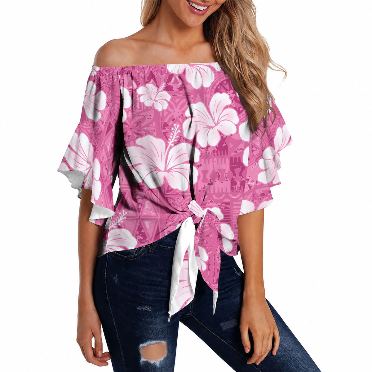 Pink Bula Fiji Masi Hibiscus Seamless Off Shoulder Wrap Waist Top