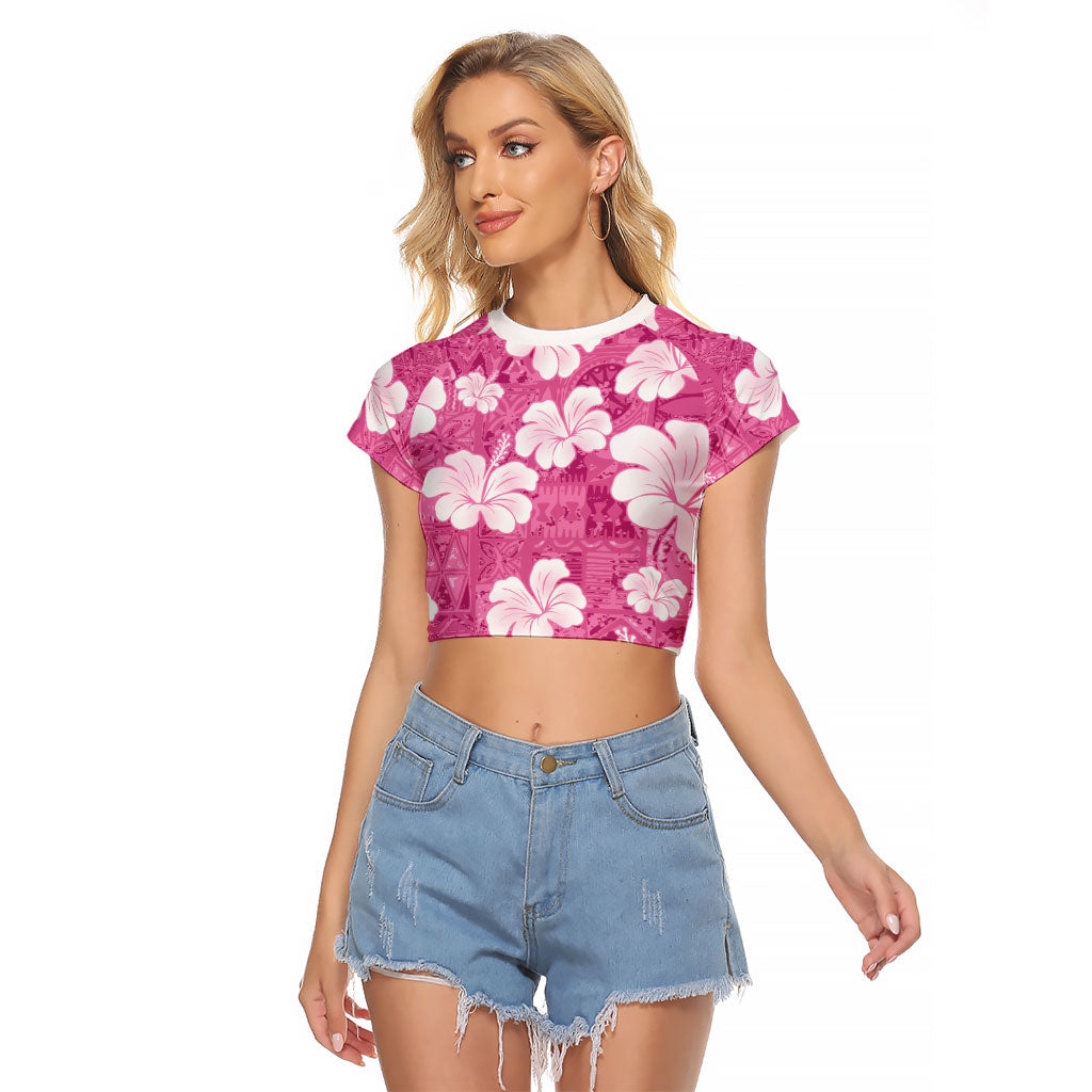 Pink Bula Fiji Masi Hibiscus Seamless Raglan Cropped T Shirt