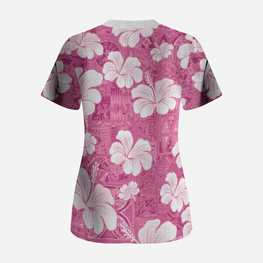 Pink Bula Fiji Masi Hibiscus Seamless Scrub Top