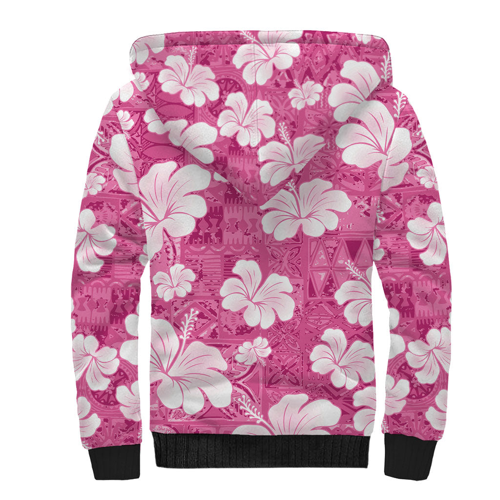 Pink Bula Fiji Masi Hibiscus Seamless Sherpa Hoodie
