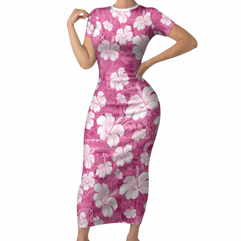 Pink Bula Fiji Masi Hibiscus Seamless Short Sleeve Bodycon Dress
