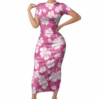 Pink Bula Fiji Masi Hibiscus Seamless Short Sleeve Bodycon Dress