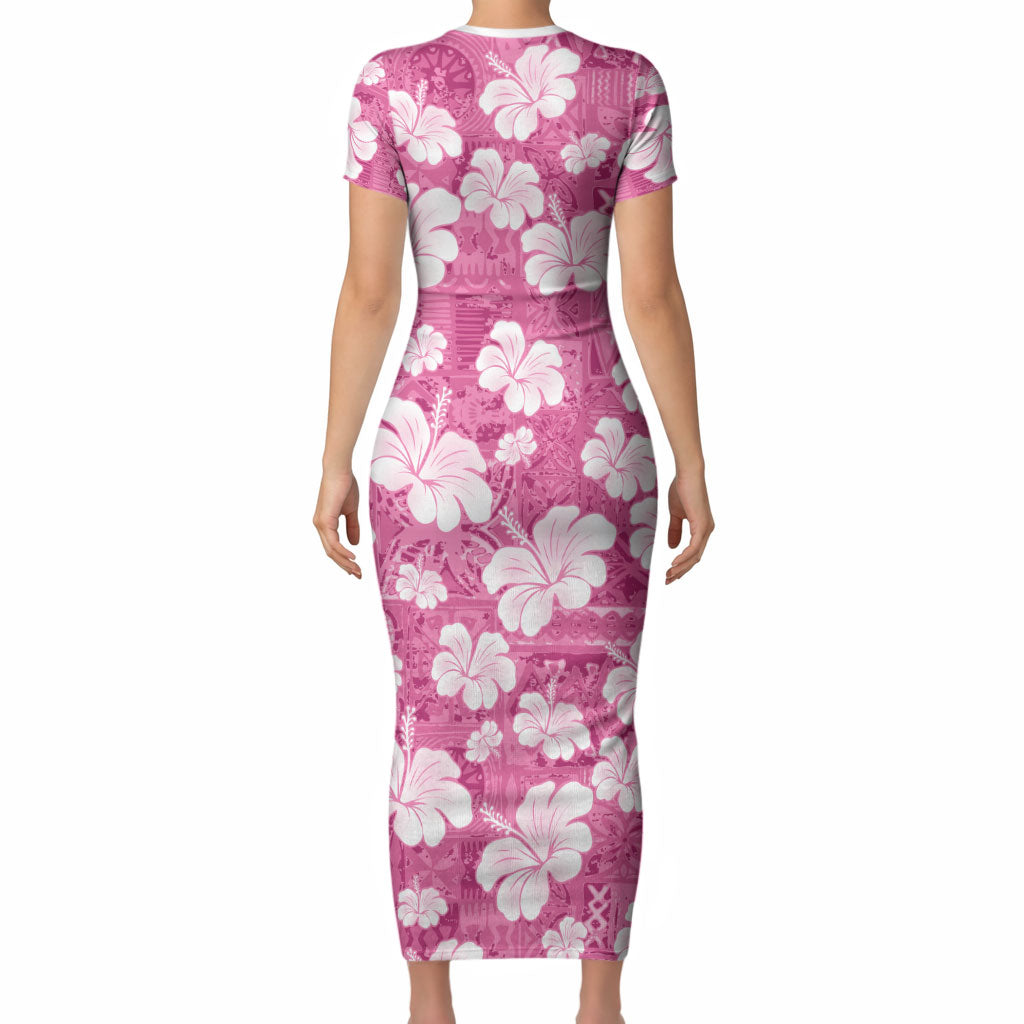 Pink Bula Fiji Masi Hibiscus Seamless Short Sleeve Bodycon Dress