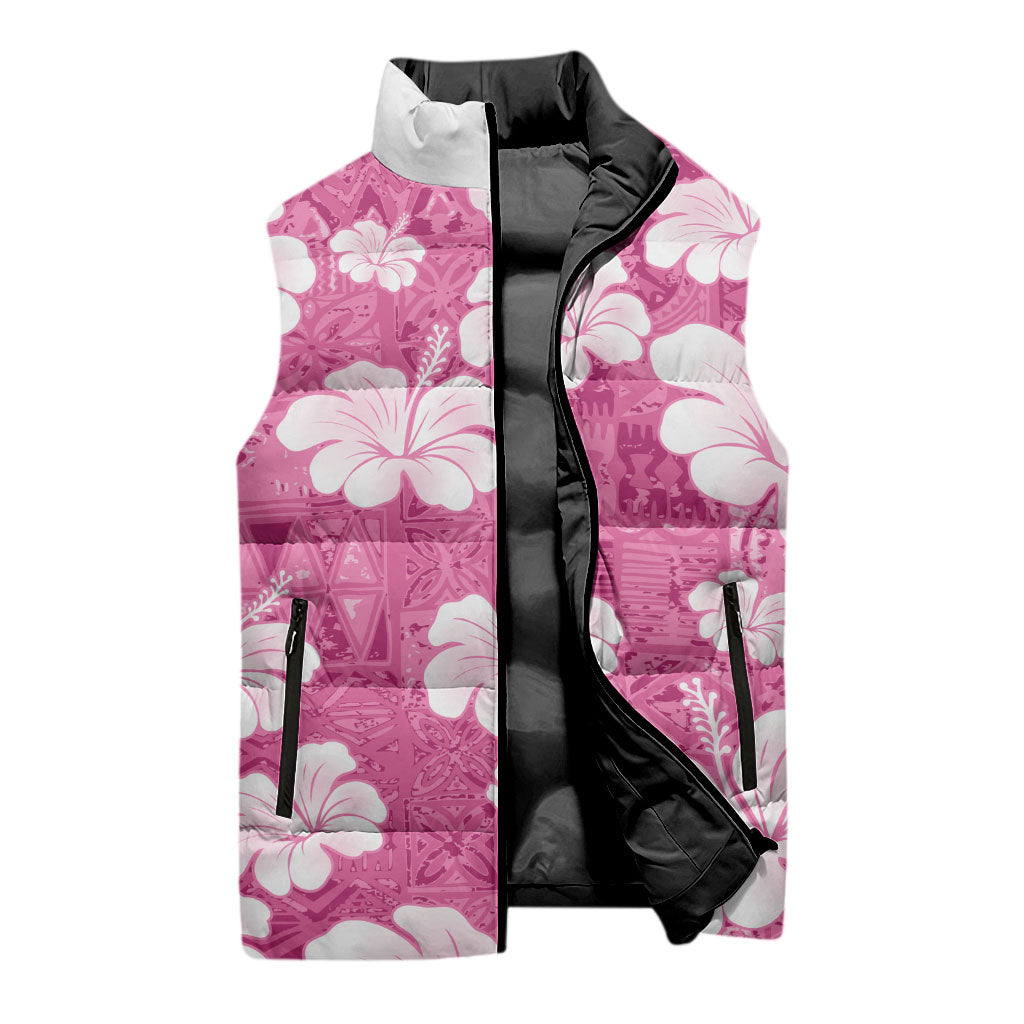 Pink Bula Fiji Masi Hibiscus Seamless Sleeveless Puffer Jacket