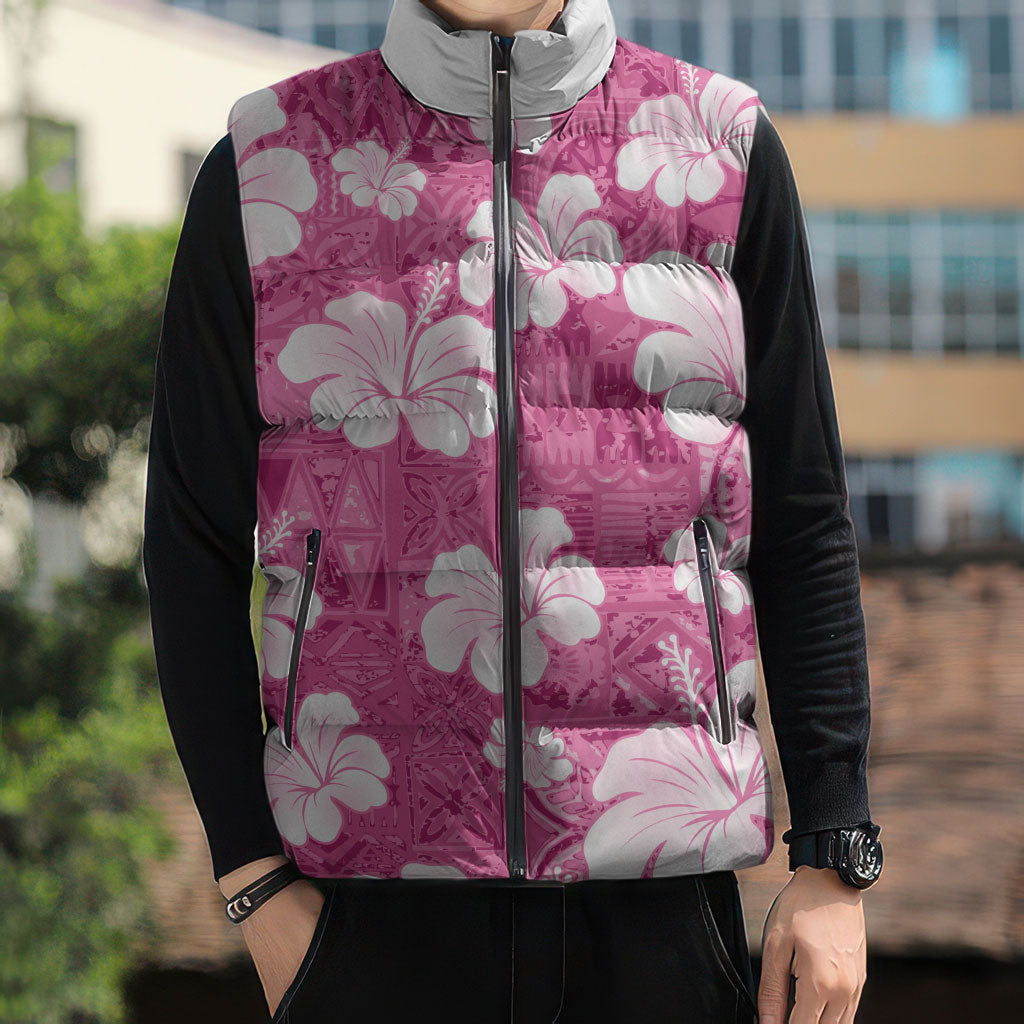 Pink Bula Fiji Masi Hibiscus Seamless Sleeveless Puffer Jacket