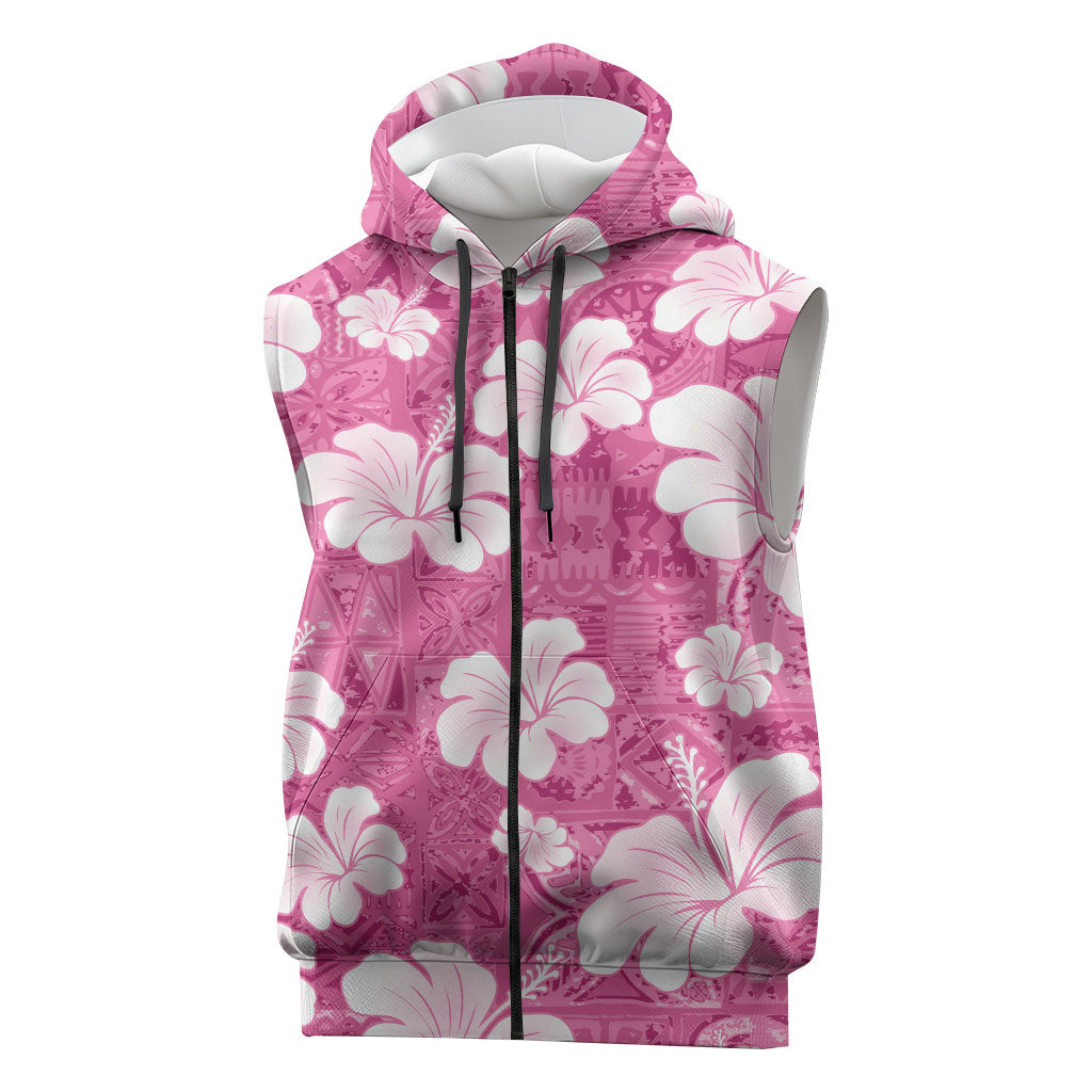 Pink Bula Fiji Masi Hibiscus Seamless Sleeveless Zip Hoodie