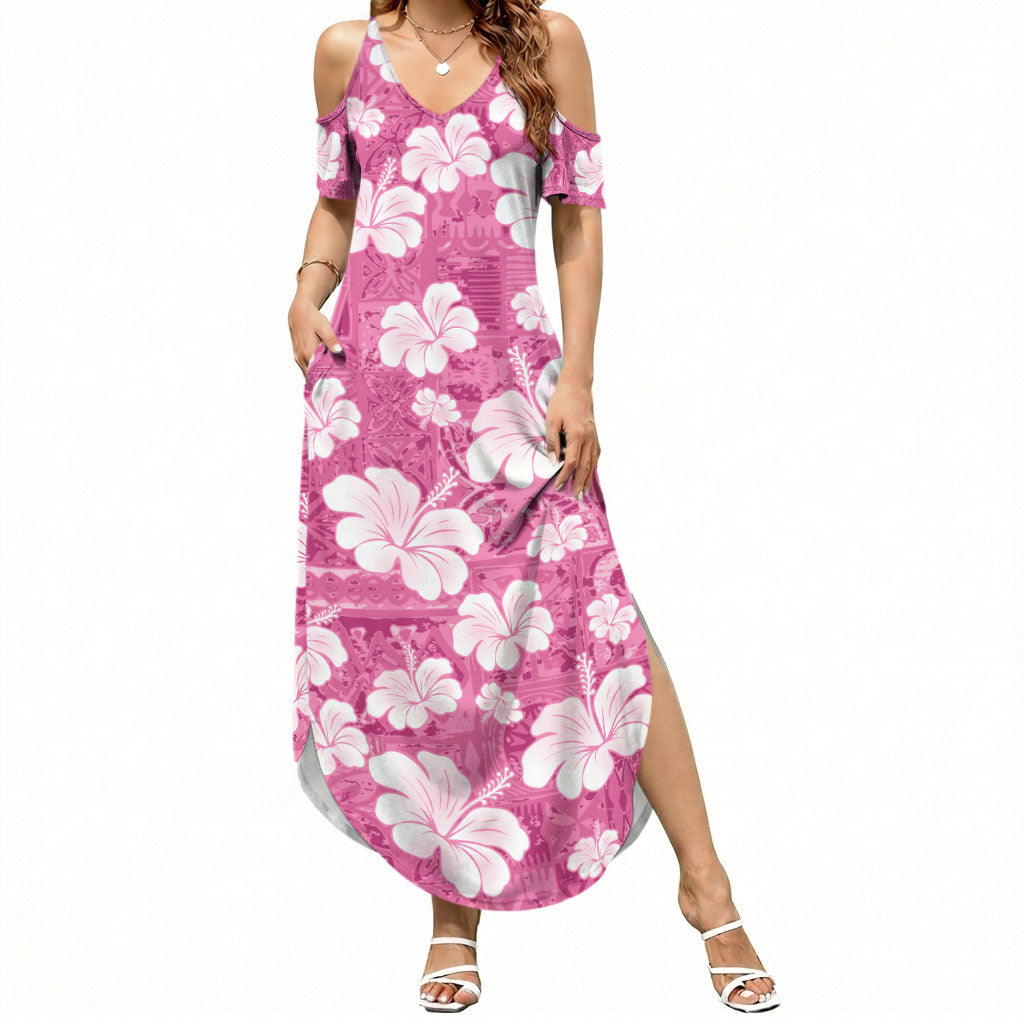 Pink Bula Fiji Masi Hibiscus Seamless Summer Maxi Dress