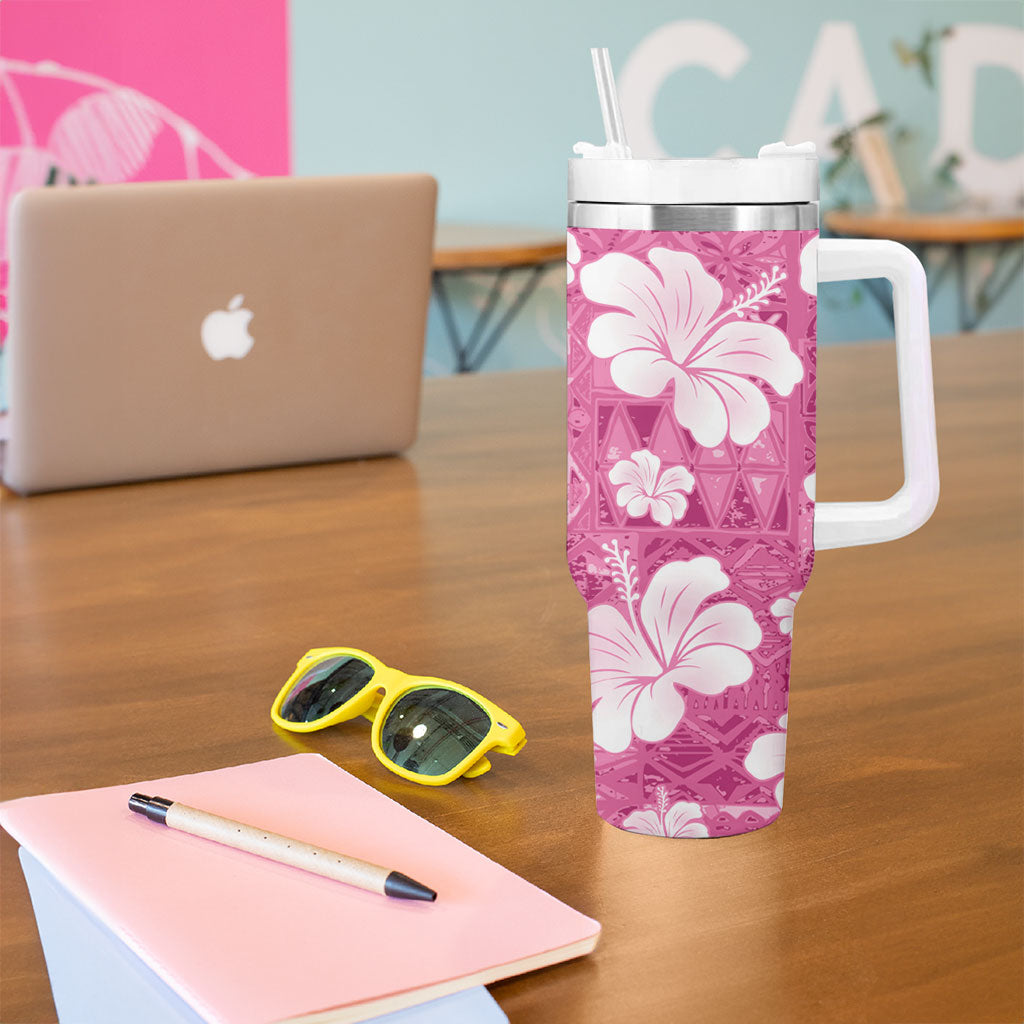 Pink Bula Fiji Masi Hibiscus Seamless Tumbler With Handle