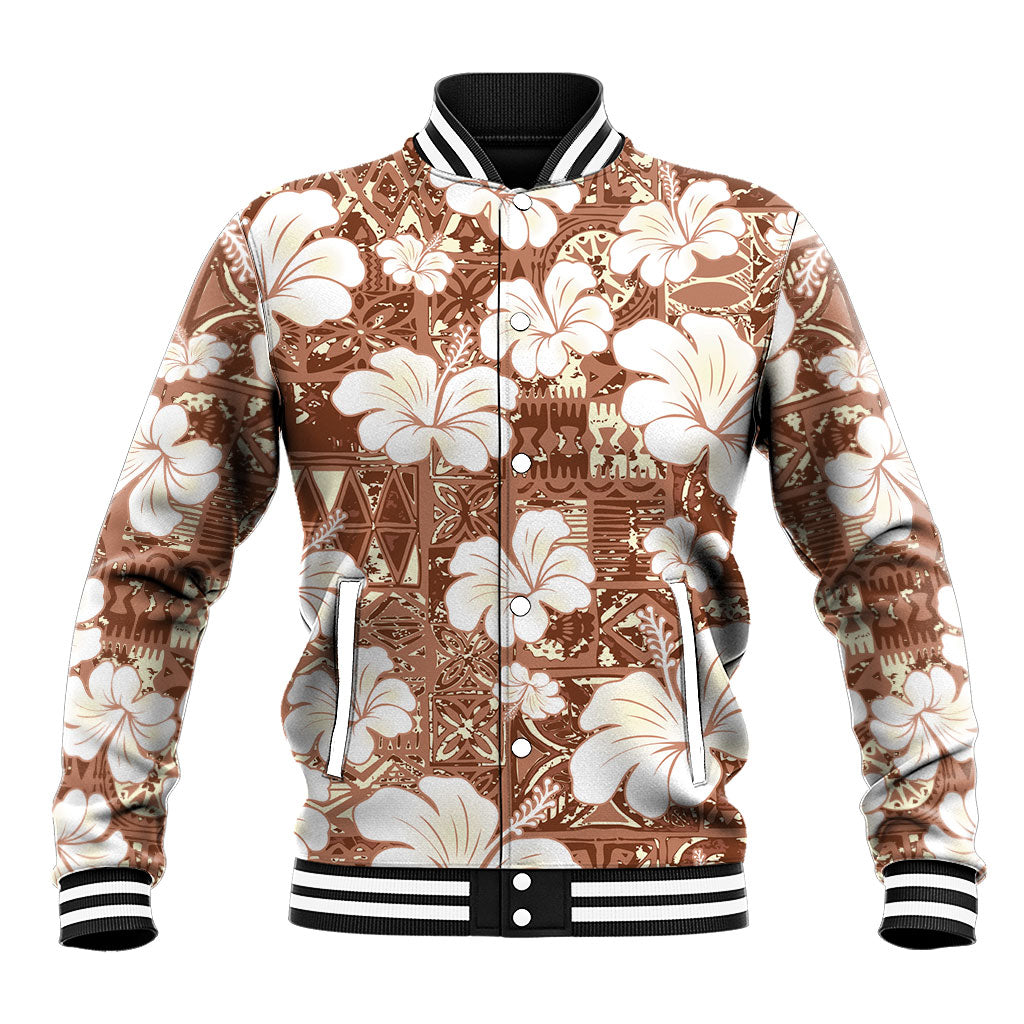 Brown Bula Fiji Masi Hibiscus Seamless Baseball Jacket