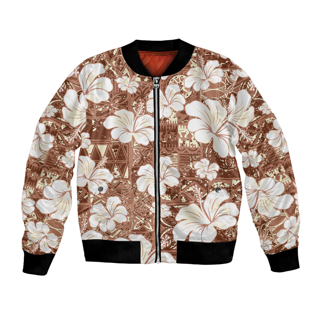 Brown Bula Fiji Masi Hibiscus Seamless Bomber Jacket