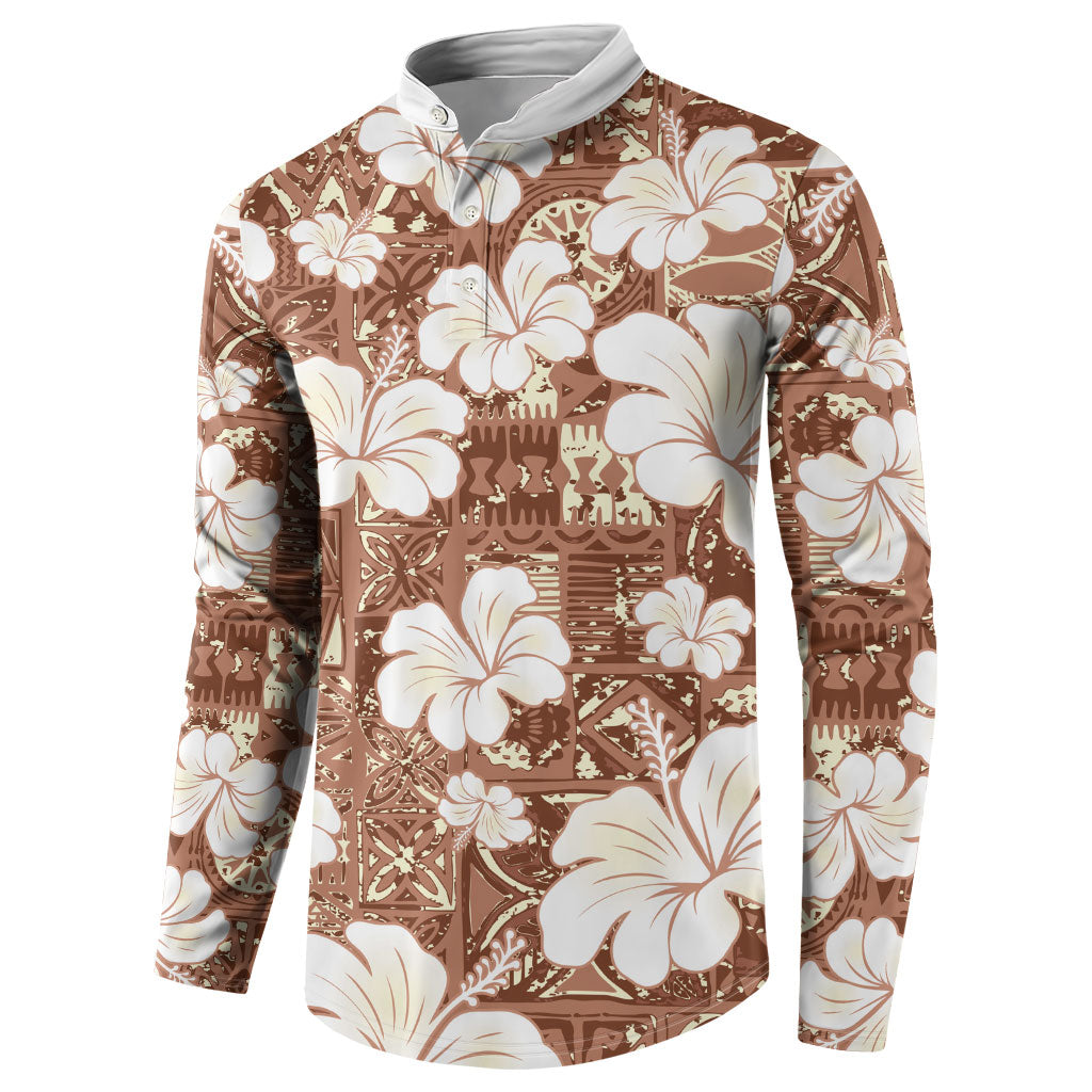 Brown Bula Fiji Masi Hibiscus Seamless Button Sweatshirt