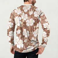 Brown Bula Fiji Masi Hibiscus Seamless Button Sweatshirt