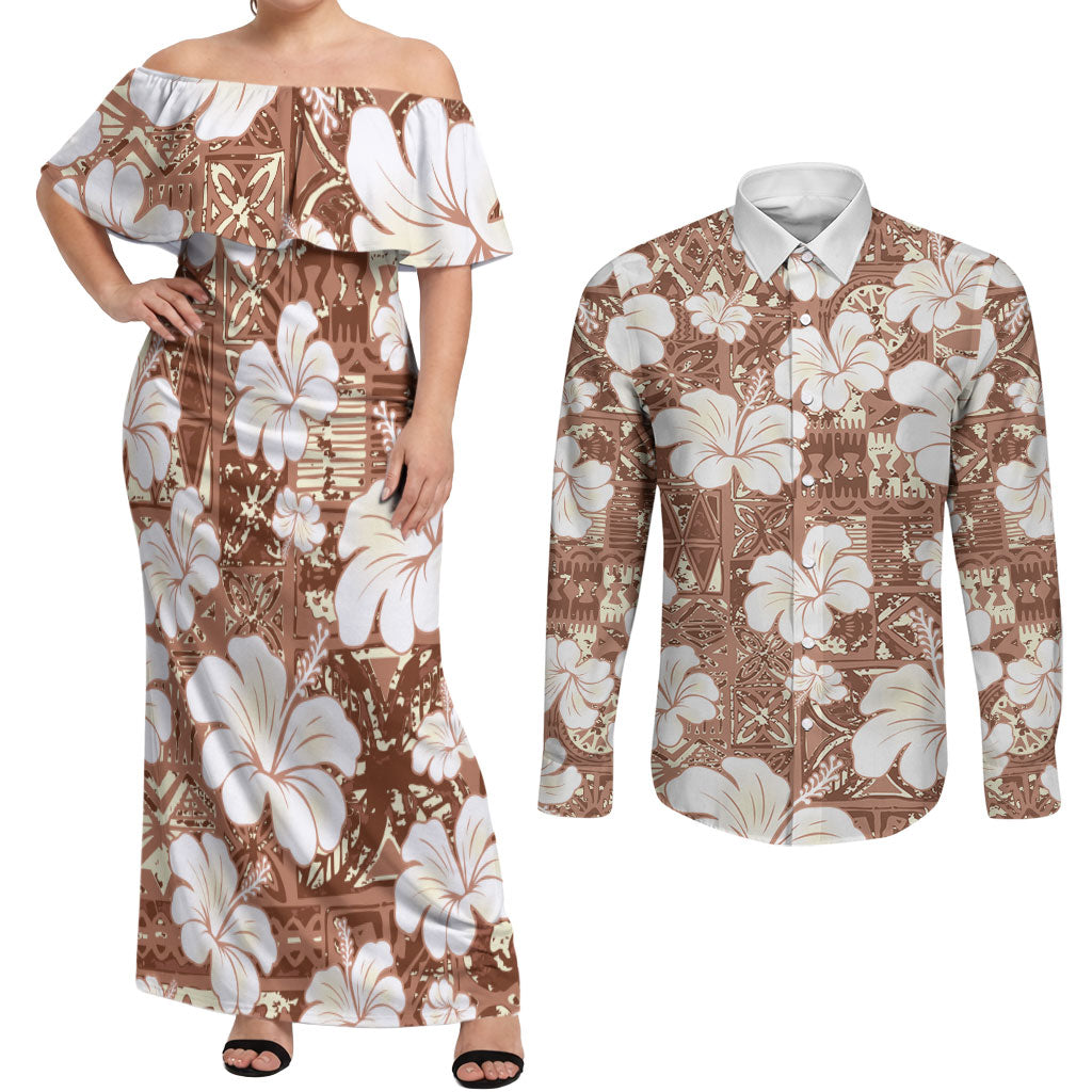 Brown Bula Fiji Masi Hibiscus Seamless Couples Matching Off Shoulder Maxi Dress and Long Sleeve Button Shirt