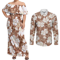 Brown Bula Fiji Masi Hibiscus Seamless Couples Matching Off Shoulder Maxi Dress and Long Sleeve Button Shirt