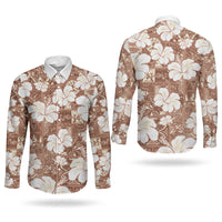 Brown Bula Fiji Masi Hibiscus Seamless Couples Matching Off Shoulder Maxi Dress and Long Sleeve Button Shirt