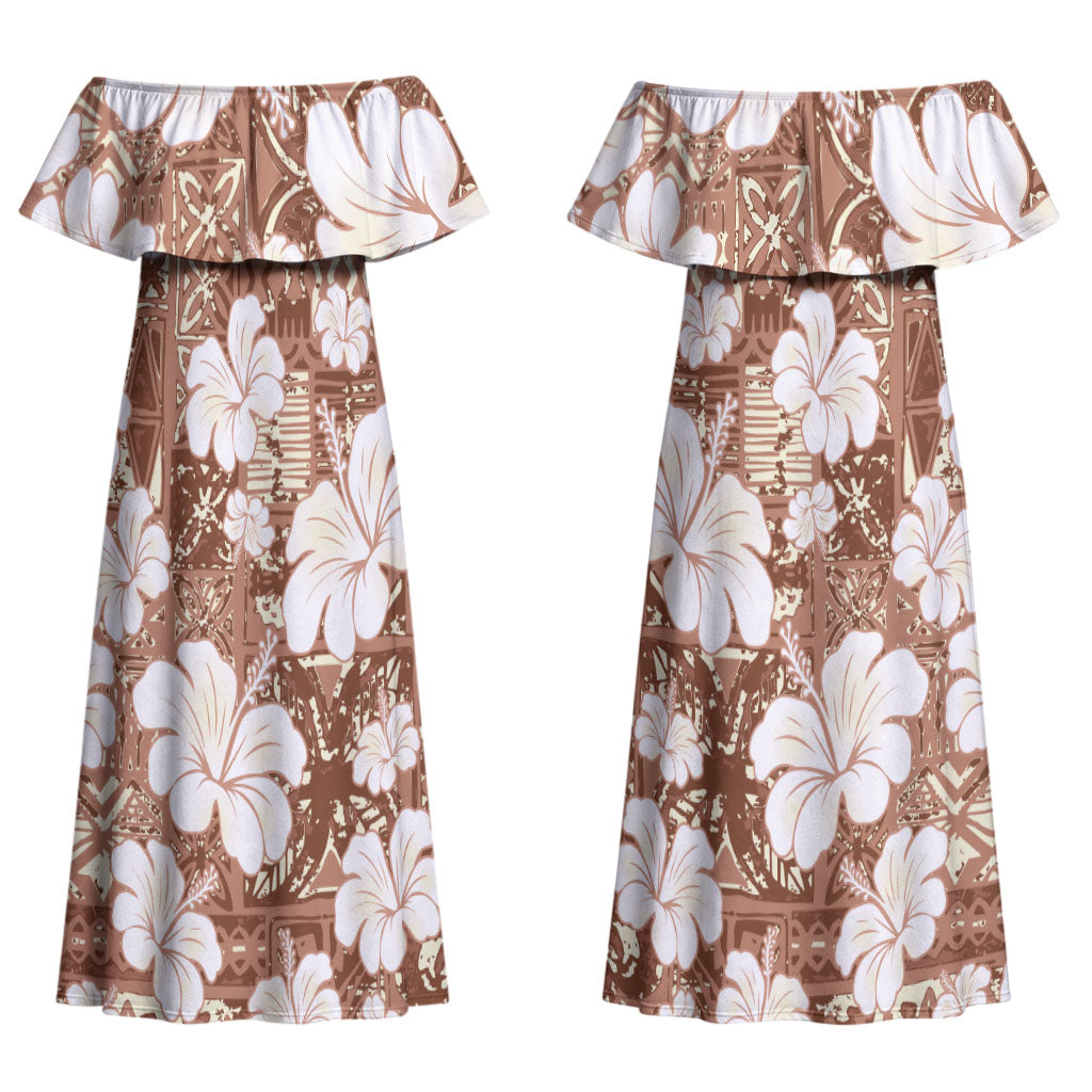 Brown Bula Fiji Masi Hibiscus Seamless Couples Matching Off Shoulder Maxi Dress and Long Sleeve Button Shirt