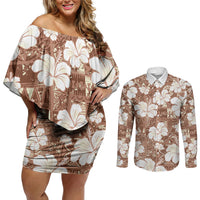 Brown Bula Fiji Masi Hibiscus Seamless Couples Matching Off Shoulder Short Dress and Long Sleeve Button Shirt