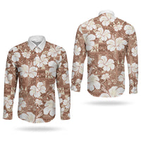 Brown Bula Fiji Masi Hibiscus Seamless Couples Matching Puletasi and Long Sleeve Button Shirt