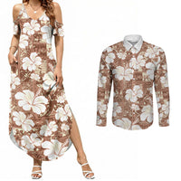 Brown Bula Fiji Masi Hibiscus Seamless Couples Matching Summer Maxi Dress and Long Sleeve Button Shirt