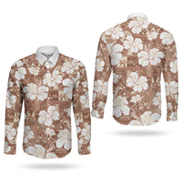 Brown Bula Fiji Masi Hibiscus Seamless Couples Matching Summer Maxi Dress and Long Sleeve Button Shirt