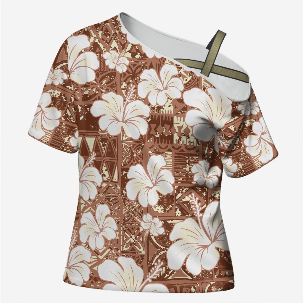 Brown Bula Fiji Masi Hibiscus Seamless Cross Shoulder Shirt