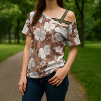 Brown Bula Fiji Masi Hibiscus Seamless Cross Shoulder Shirt
