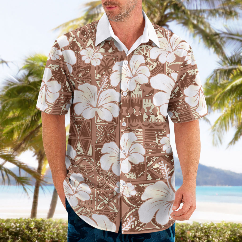 Brown Bula Fiji Masi Hibiscus Seamless Hawaiian Shirt