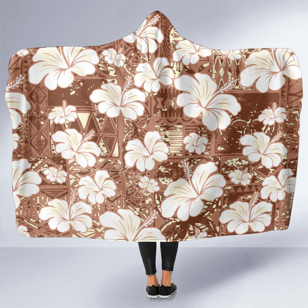 Brown Bula Fiji Masi Hibiscus Seamless Hooded Blanket