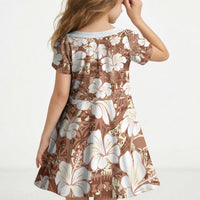 Brown Bula Fiji Masi Hibiscus Seamless Kid Short Sleeve Dress