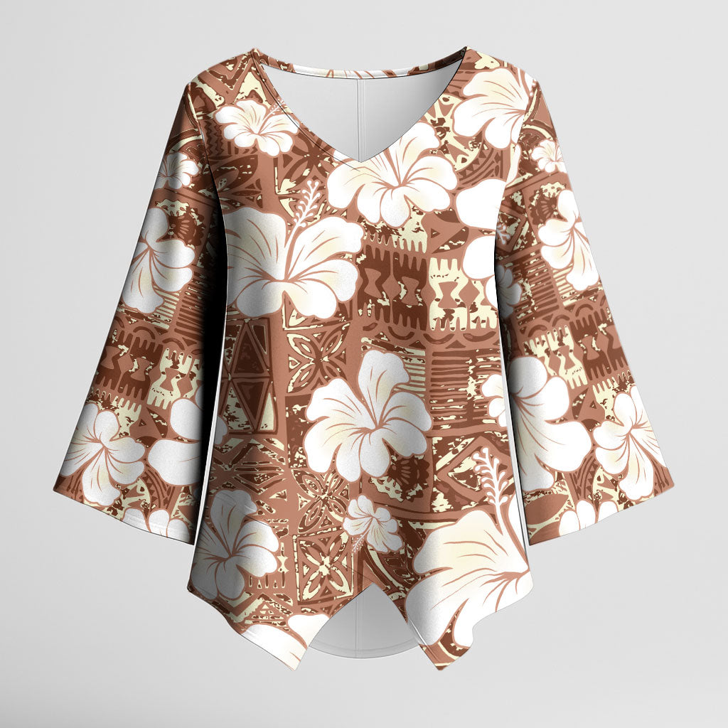 Brown Bula Fiji Masi Hibiscus Seamless Kimono Sleeve Blouse