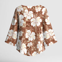 Brown Bula Fiji Masi Hibiscus Seamless Kimono Sleeve Blouse