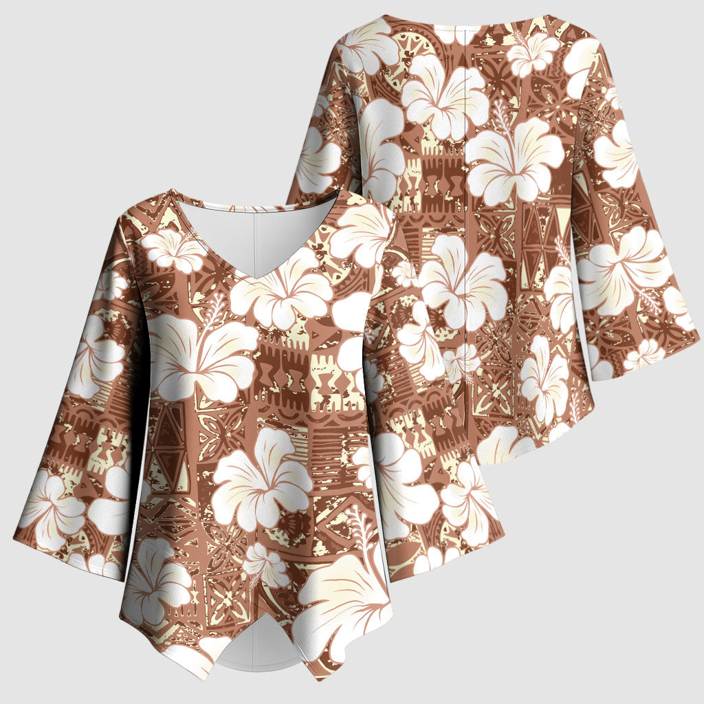 Brown Bula Fiji Masi Hibiscus Seamless Kimono Sleeve Blouse
